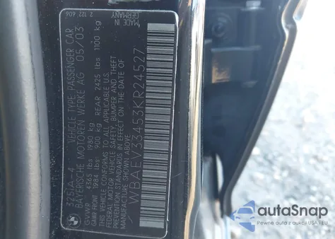 2003 BMW 325I из США, поврежденный, VIN WBAEV33453KR24527